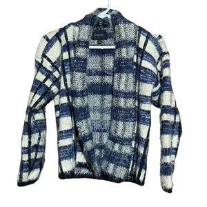La Fee Verte Adult Sweater XS Blue Cream Plaid Eyelash Open Front Cardigan Women